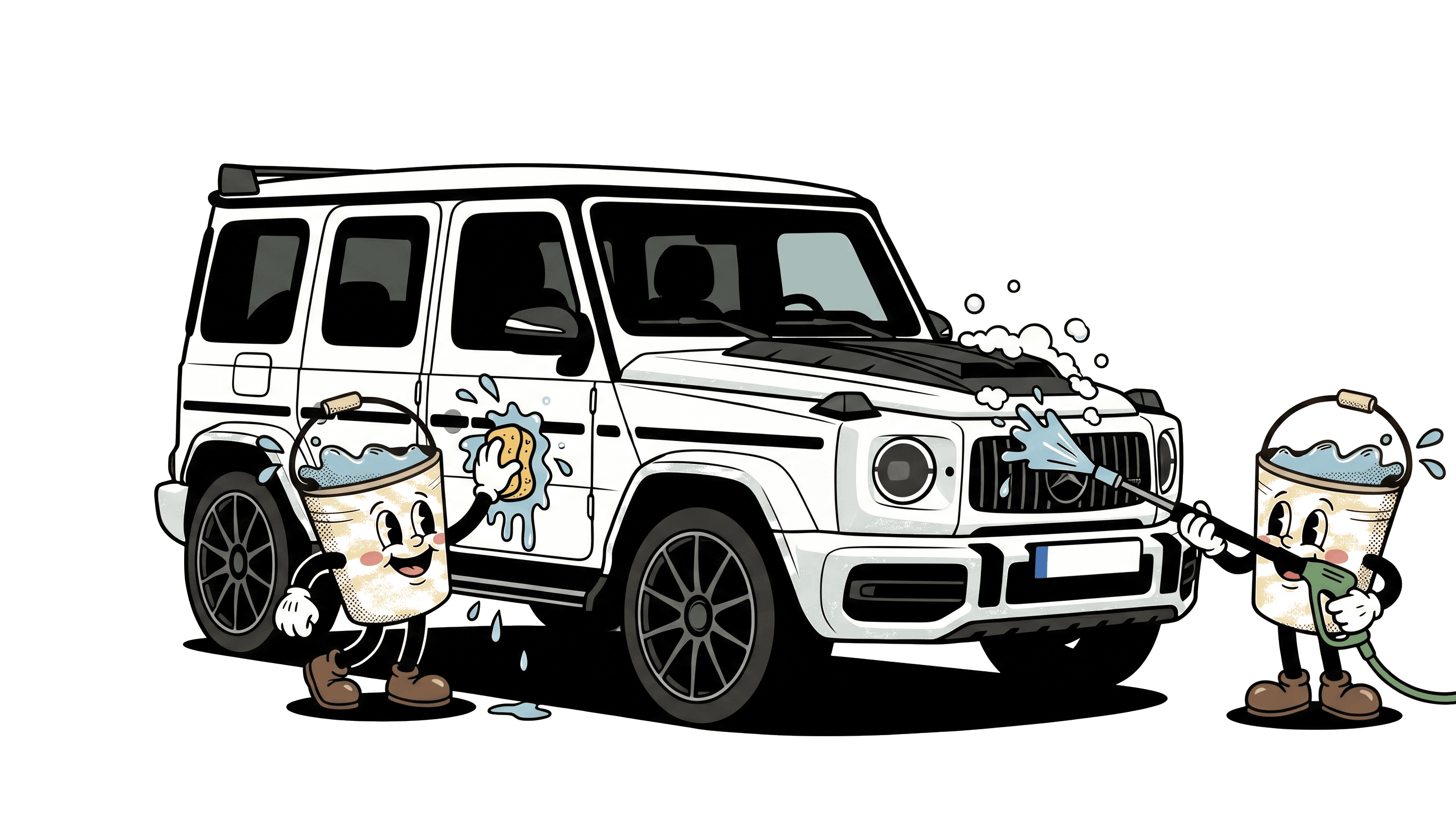 Dirty Dude mascots washing a Mercedes G-Wagon
