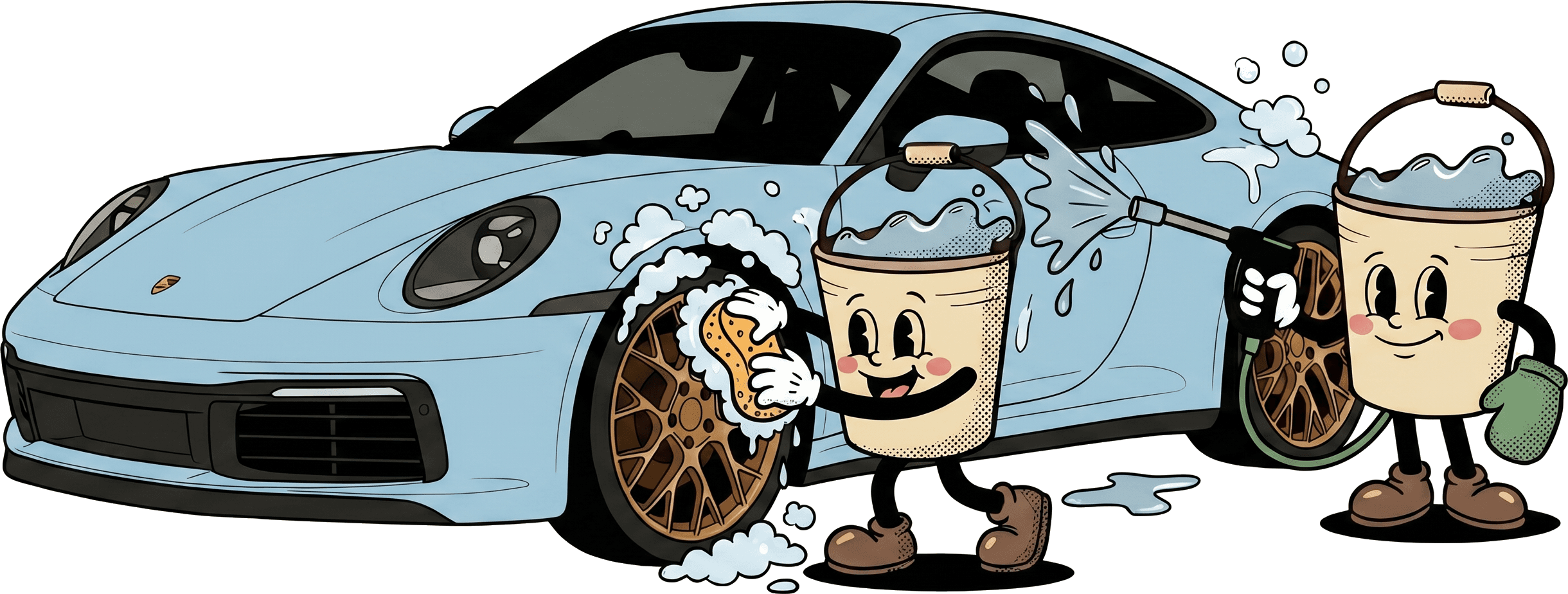 Dirty Dude mascots washing a blue Porsche
