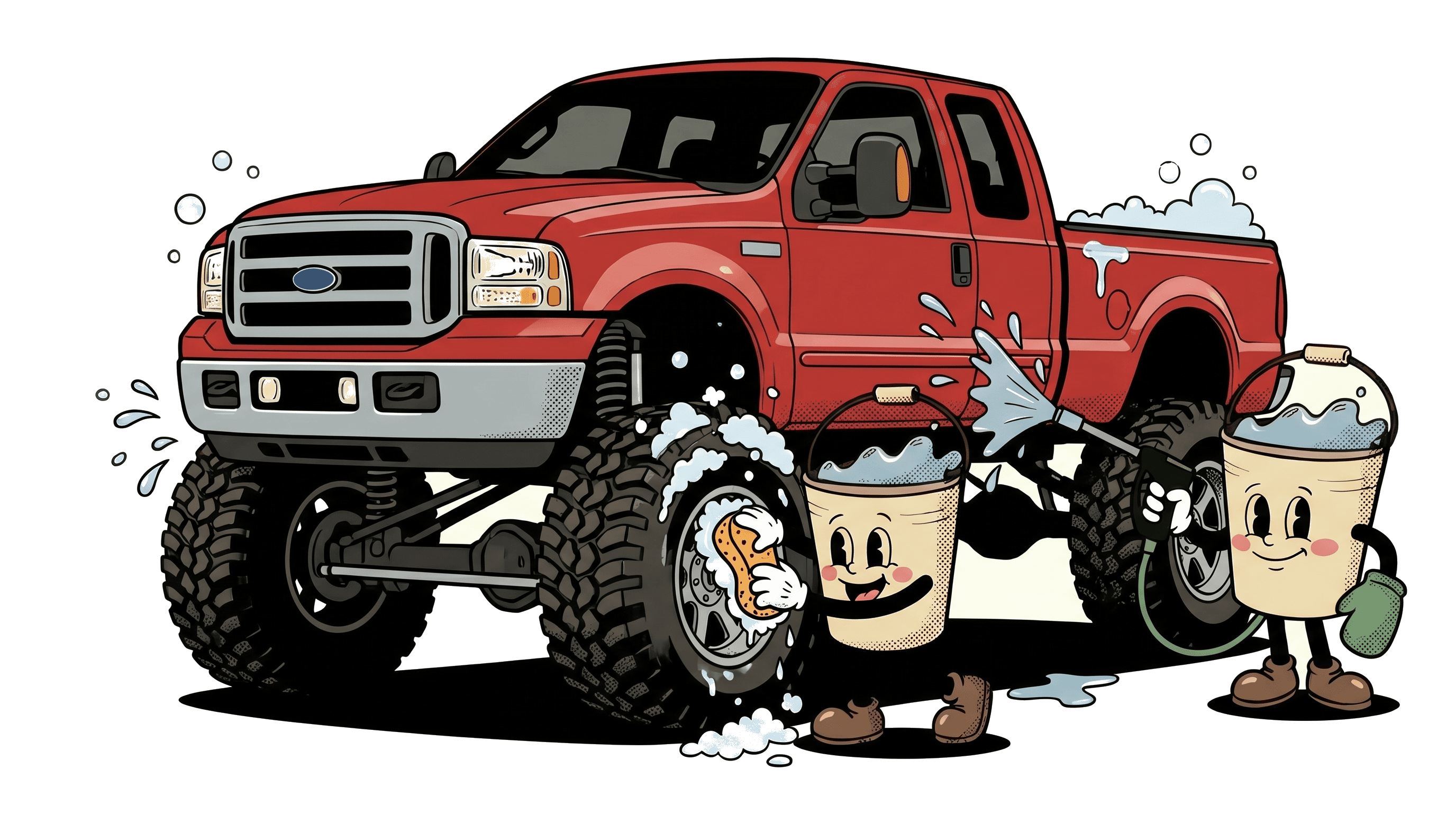 Dirty Dude mascots washing a red pickup truck